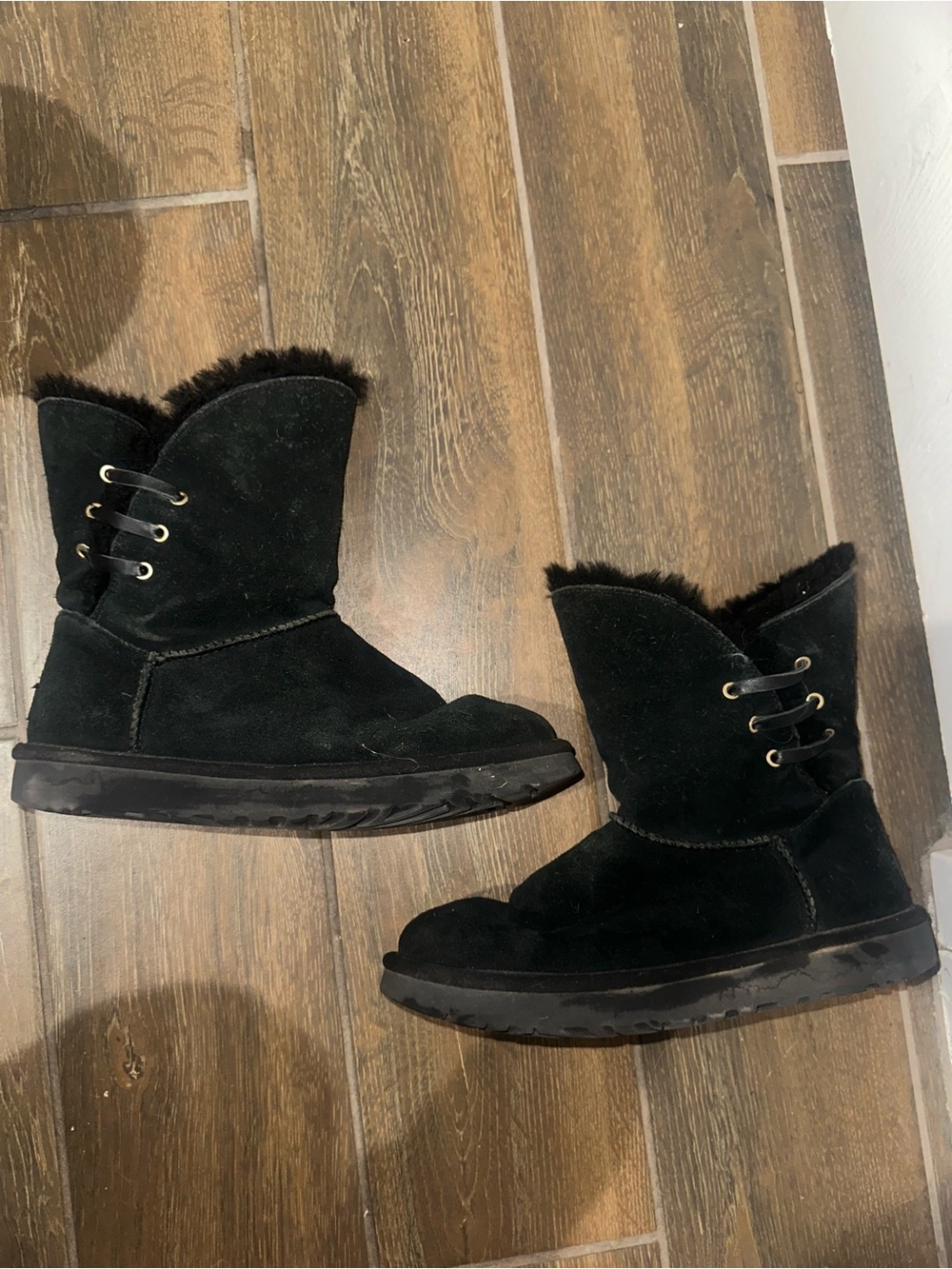 UGG Black Suede Faux Fur Lace-Up Ankle Boots